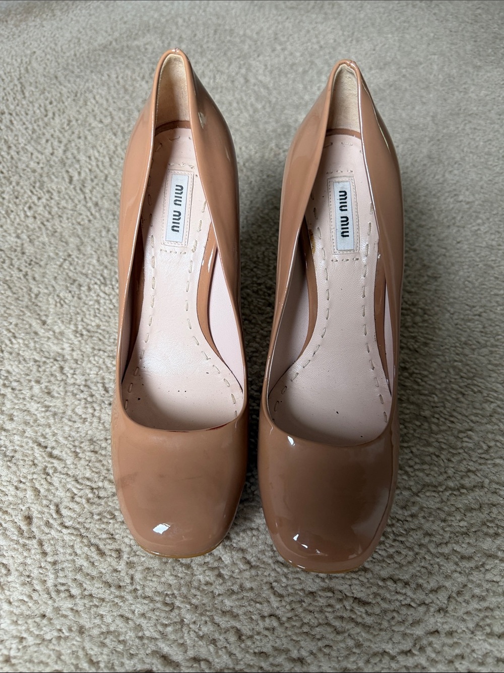 Miu Miu Patent Leather Nude/Beige Round-Toe Pumps